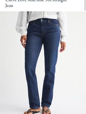 Abercrombie & Fitch Dark Blue Curve Love, Mid-Rise, 90s Straight Leg Jeans